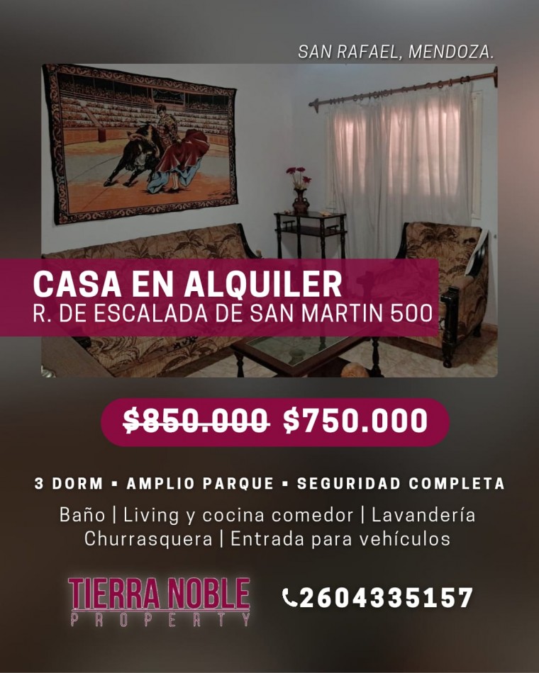 Casa en alquiler - 3 dormitorios | Amplio parque | Seguridad completa