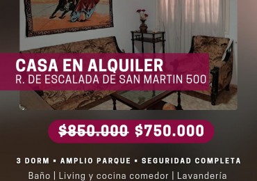 Casa en alquiler - 3 dormitorios | Amplio parque | Seguridad completa